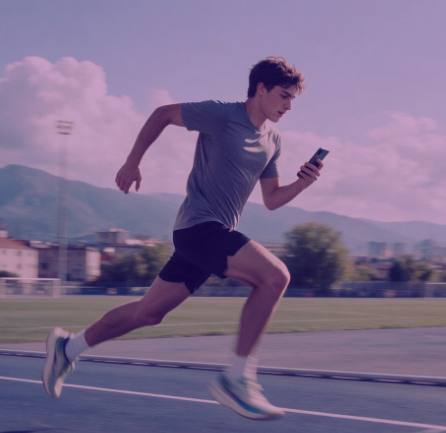 Runner corriendo con su smartphone en la pista